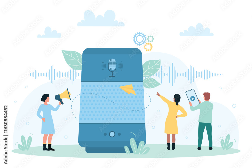 Aufkleber smart voice personal assistant, ai recognition vector illustration. cartoon tiny people control home