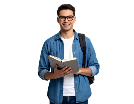 Confident young male student wearing eyeglasses, holding a book and backpack, generative AI, isolated on a transparent background