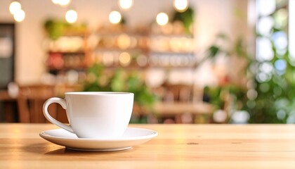 Obraz premium カフェ風木目テーブルのカップとソーサー