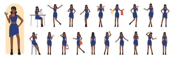 Cartoon stylish redhead woman fashionable trendy black clothes, model posing, standing and showing various gestures collection isolated. Young african american black girl poses vector illustration set