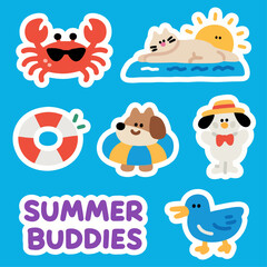 Obraz premium Summer Fun with Cute Animal Stickers Crab, Cat, Dog, Duck and More