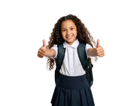 Portrait of a cheerful young schoolgirl smiling and giving a thumbs up, generative AI, isolated on a transparent background