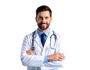 Portrait of a professional smiling male doctor with stethoscope, confident and approachable, generative AI,  isolated on a transparent background