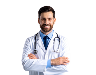 Portrait of a professional smiling male doctor with stethoscope, confident and approachable, generative AI, isolated on a transparent background