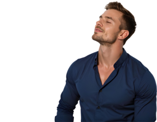 Portrait of a relaxed man in a navy blue shirt with closed eyes and gentle smile, enjoying a peaceful moment, generative AI, isolated on a transparent background
