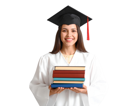 Portrait of a smiling young woman in graduation gown and cap, holding books, celebrating academic achievement, generative AI, isolated on a transparent background - Powered by Adobe