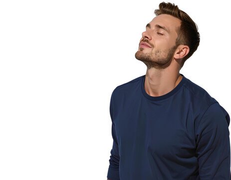 Portrait of a relaxed man in a navy blue shirt with closed eyes and gentle smile, enjoying a peaceful moment, generative AI, isolated on a transparent background
