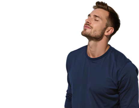 Portrait of a relaxed man in a navy blue shirt with closed eyes and gentle smile, enjoying a peaceful moment, generative AI, isolated on a transparent background
