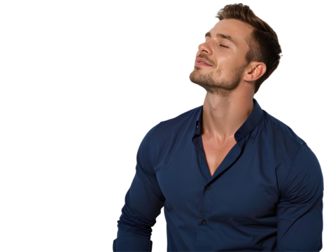 Portrait of a relaxed man in a navy blue shirt with closed eyes and gentle smile, enjoying a peaceful moment, generative AI, isolated on a transparent background