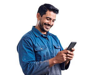 Happy mechanic worker holding smartphone, wearing work uniform, generative AI, isolated on a transparent background