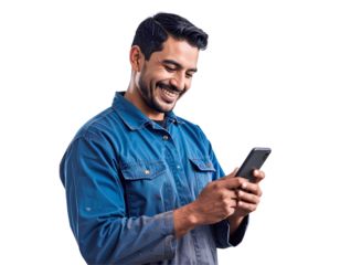 Happy mechanic worker holding smartphone, wearing work uniform, generative AI, isolated on a transparent background