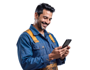 Happy mechanic worker holding smartphone, wearing work uniform, generative AI, isolated on a transparent background