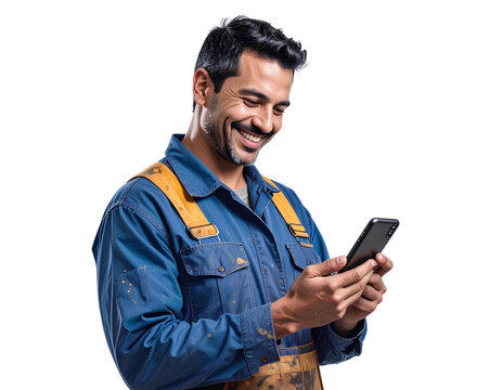 Happy mechanic worker holding smartphone, wearing work uniform, generative AI, isolated on a transparent background