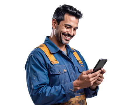 Happy mechanic worker holding smartphone, wearing work uniform, generative AI, isolated on a transparent background