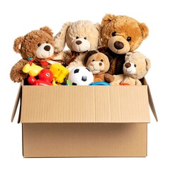 Cardboard box filled with assorted children's toys