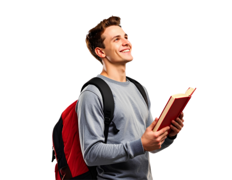 Smiling young male student holding a book and wearing a backpack, looking up thoughtfully, generative AI, isolated on a transparent background