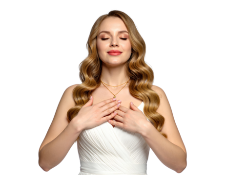 Portrait of a serene woman in white with eyes closed and hand on chest, expressing peace and gratitude, generative AI, isolated on a transparent background