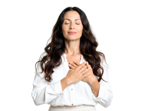 Portrait of a serene woman in white with eyes closed and hand on chest, expressing peace and gratitude, generative AI, isolated on a transparent background