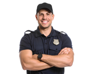 Portrait of a happy male police or security officer with arms crossed, smiling confidently, generative AI, isolated on a transparent background