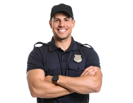 Portrait of a happy male police or security officer with arms crossed, smiling confidently, generative AI, isolated on a transparent background