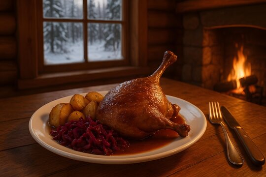 Rustic Duck Confit with Potatoes and Cabbage in a Winter Cabin