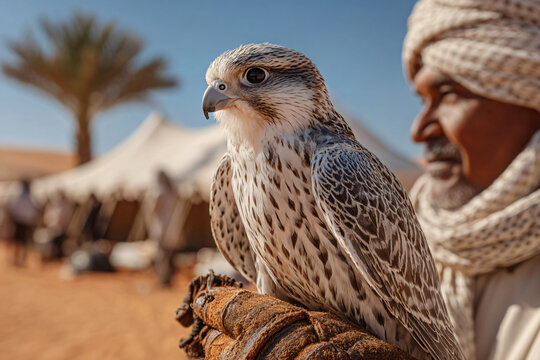 Traditional falconer displaying his bird near the festival’s heritage tent, falcon perched calmly on gloved hand, Liwa dunes and palm trees in background, symbol of Emirati desert culture.