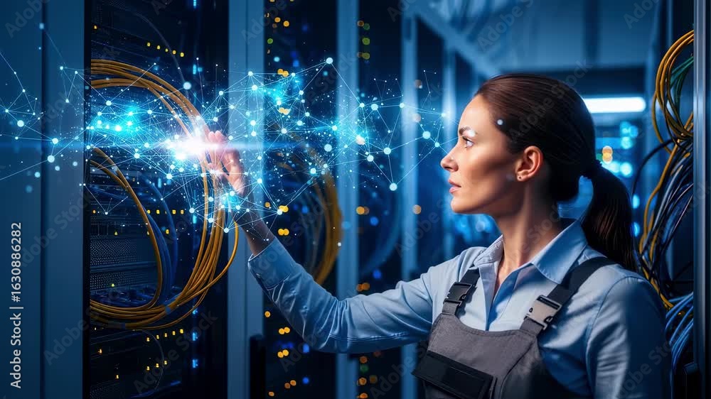 Poster innovative female computer engineer interacting with digital neural networks amid data center infras