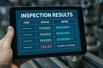 Inspection results digital tablet highlight quality control manufacturing processes ensuring product standards and defect detection for reliability