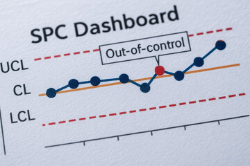 SPC dashboard graph with quality control points in manufacturing processes showing out of control signal for process monitoring