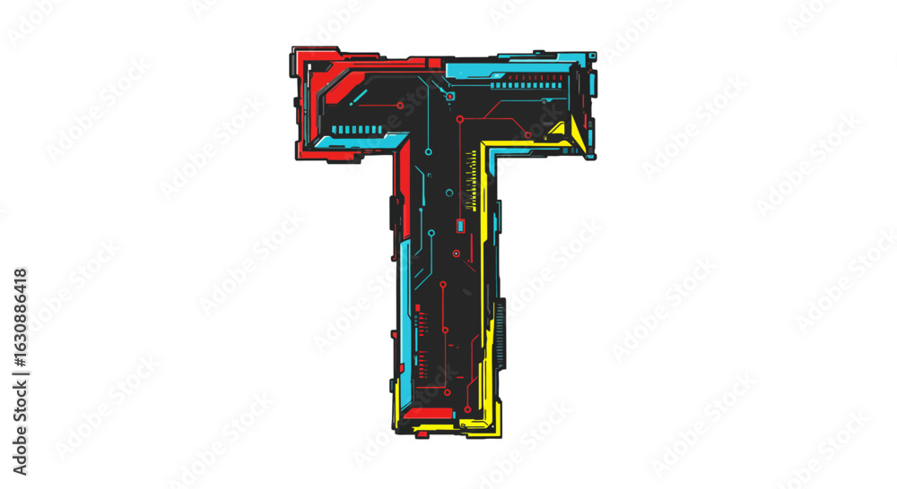 Poster letters of the alphabet futuristic letter t vector design with circuit board pattern for technology 