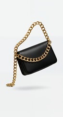 Black Leather Shoulder Bag with Gold Chain Strap