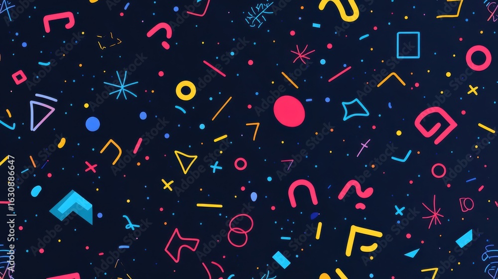 Poster vibrant abstract pattern with playful geometric shapes and dots on a dark background
