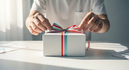 Person tying striped ribbon bow on white gift box on white table indoors