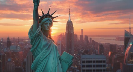 Statue of Liberty and Empire State Building at Sunset, New York City