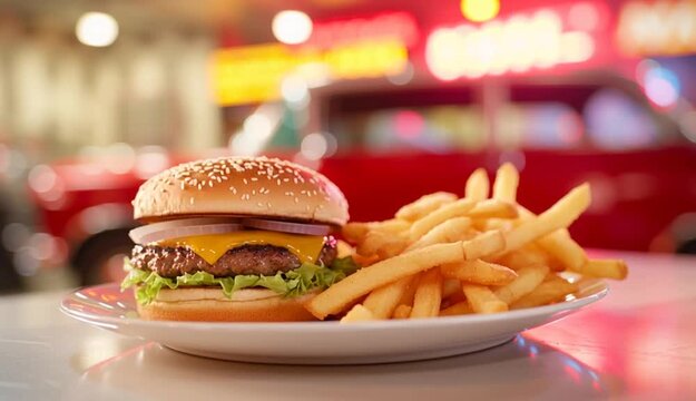 Classic American burger and fries on plate in retro 1950s diner, cheeseburger with lettuce and pickles, golden french fries, vintage diner setting with neon signs
