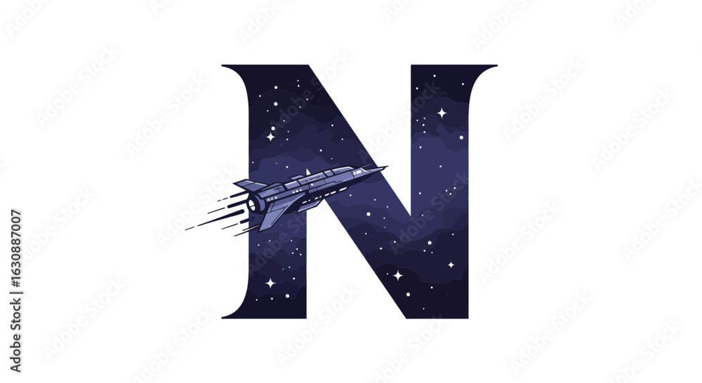 Poster letters of the alphabet letter n with spaceship in space illustration vector graphic design concept 