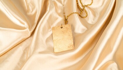 A golden necklace with a rectangular pendant rests elegantly on draped satin fabric.