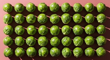 Fresh Brussels sprouts arranged in neat rows on a pink background with dramatic shadows