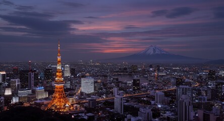 Fototapeta premium Tokyo Skyline at Dusk with Tokyo Tower and Mount Fuji