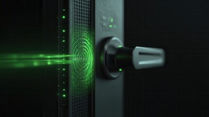 Close up of a fingerprint scanner with green light and handle against a dark background scene