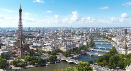 Fototapeta premium Paris Skyline with Eiffel Tower and Seine River Bridges on a Sunny Day