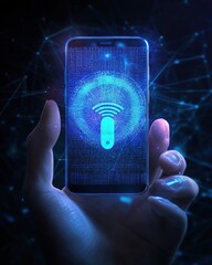 Futuristic AI voice assistant hologram on smartphone for smart communication.