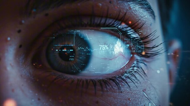 A closeup of an eye with a digital overlay of graphs and the percentage 75