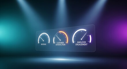 Business health dashboard concept. An overview of a holographic dashboard with three key meters: "Revenue," "Customer Satisfaction," and "Employee Engagement."