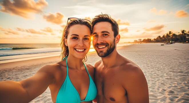 Beach selfie couple enjoying sunset, summer vacation travel happiness