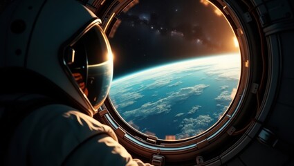 Obraz premium Punto de vista de un astronauta dentro de la ventana de una nave espacial, mirando a la Tierra iluminada por la luz del sol sobre un espacio negro profundo