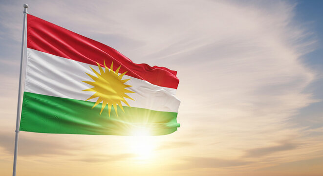 Kurdish flag waving in sky. Created using generative AI tools