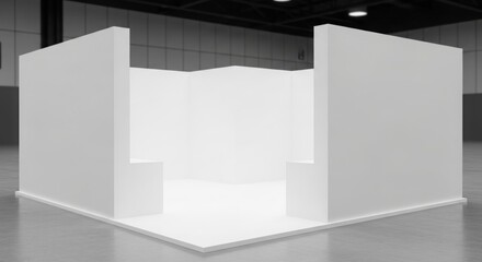 Empty, white exhibition booth, modern design, showcasing a blank interior space.