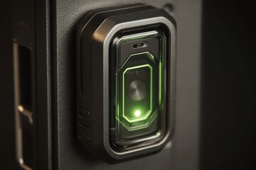 Close up of a black rectangular device with a green light mounted on a dark surface showing detail