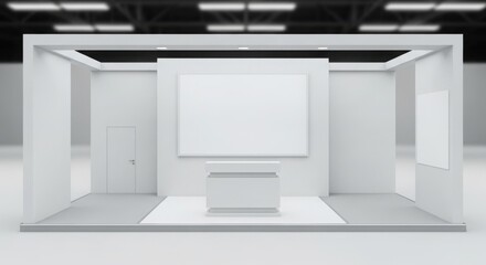 White exhibition booth mockup with a blank screen, counter, and doorway, set in a bright, minimalist, and modern space.